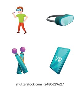 Vr technology icons set cartoon vector. People in virtual reality. Digital technology, futuristic concept