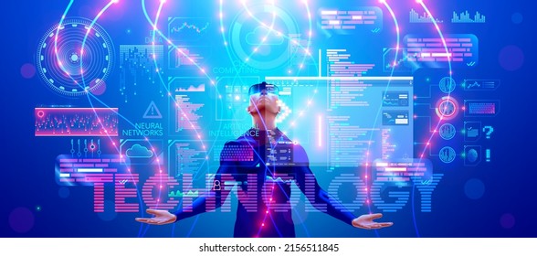 VR technology in industry. Man in VR glasses in virtual reality looking at projection of HUD holographic interface. Futuristic scientist working in Augmented reality or AR headset in cyberspace.