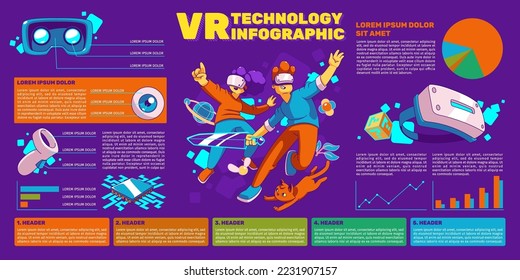 Vr technology infographic, visual chart with virtual reality gaming, metaverse information. Info banner with contemporary characters wear glasses playing in futuristic cyberspace, vector illustration