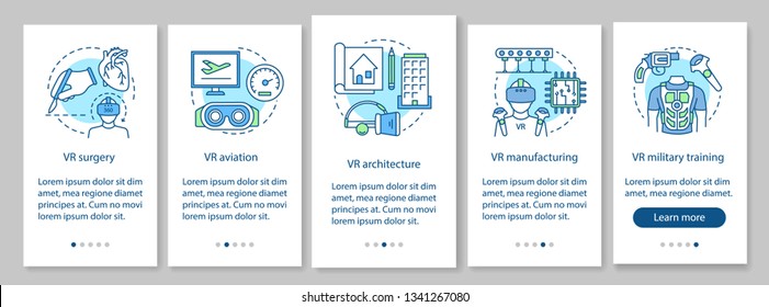 VR technology onboarding mobile app page screen with linear concepts. Virtual surgery, aviation, military, manufacturing walkthrough steps graphic instructions. UX, UI, GUI vector template with icons