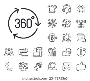 VR technology simulation sign. Place location, technology and smart speaker outline icons. 360 degree line icon. Panoramic view symbol. 360 degree line sign. Influencer, brand ambassador icon. Vector