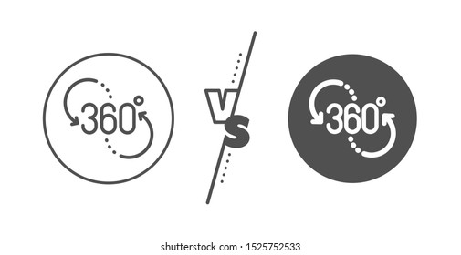 VR technology simulation sign. Versus concept. 360 degree line icon. Panoramic view symbol. Line vs classic 360 degree icon. Vector