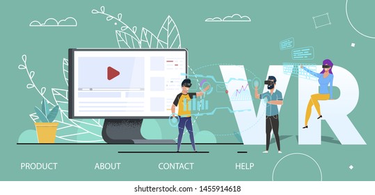 VR Technology User Interface Flat Landing Page. Virtual Augmented Reality. Lady and Man Use Headset Glasses. Video Marketing and Strategic Partnership. Vector Huge Computer Monitor People Illustration