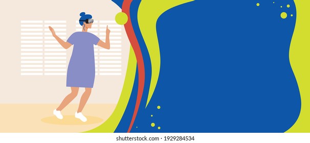 VR template with copy space. Flat vector stock illustration. Woman player, virtual reality glasses. Copy space for design. Virtual reality gadget. VR game concept. Illustration with place for text