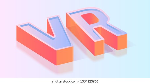 VR Three-dimensional Word, Glossy Extruded Text Title, Isometric Projection Vector Typography Template, Virtual Reality Technology Advertising Poster, Web Banner Design Element on Gradient Background