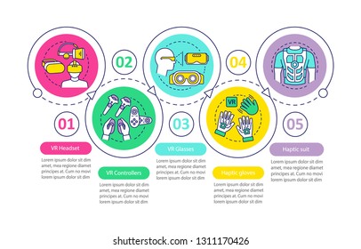 VR tools vector infographic template. Virtual reality equipment. Headset, controllers, glasses. Data visualization with five steps and option. Process timeline chart. Workflow layout with icons