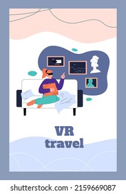 VR Reisesimulation App Banner oder Plakatvorlage. Virtual-Reality-High-Tech-Ausrüstung und Software für Unterhaltung und Bildung, flache Cartoon-Vektorgrafik.