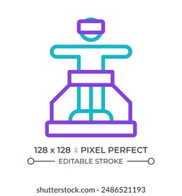 VR treadmill two color line icon. Immersive experience. Person on walking platform with headset bicolor outline symbol. Duotone linear pictogram. Isolated illustration. Editable stroke