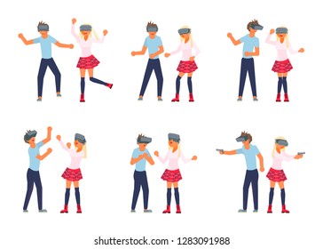 VR user character set. Teens school girl and boy using virtual reality glasses. Vector illustration eps 10