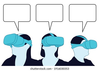 VR users and speech bubbles. Virtual Reality glasses users chatting. VR chat, people chatting and wearing VR glasses. Vector illustration. EPS 10.