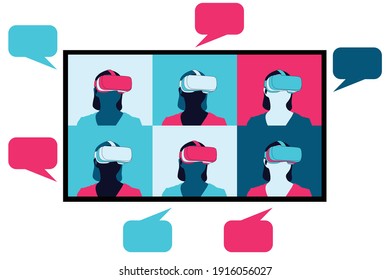 VR users and speech bubbles. Virtual Reality glasses users chatting. VR chat, people chatting and wearing VR glasses. Vector illustration. EPS 10.