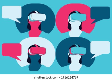 VR users and speech bubbles. Virtual Reality glasses users chatting. VR chat, people chatting and wearing VR glasses. Vector illustration. EPS10.