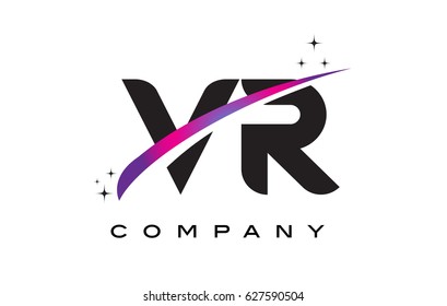 VR V R Black Letter Logo Design with Purple Magenta Swoosh and Stars.
