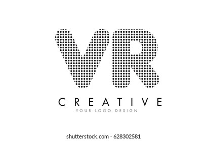 VR V R Letter Logo Design with Black Dots and Bubble Trails.