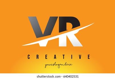 VR V R Letter Modern Logo Design with Swoosh Cutting the Middle Letters and Yellow Background.