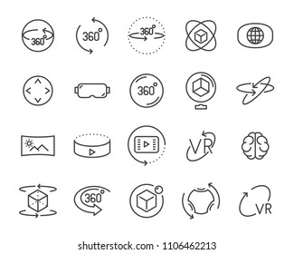 vr vector line icon set, such as 360degree, 3d, glasses, round