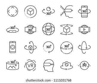 vr vector line icon set, such as 360degree, 3d, glasses, round