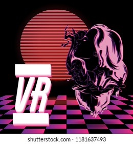 VR. Vector poster with hand drawn illustration of surreal girl. Creative trendy artwork made in vaporwave style. Template for card, poster, banner, print for t-shirt, pin, badge, patch.