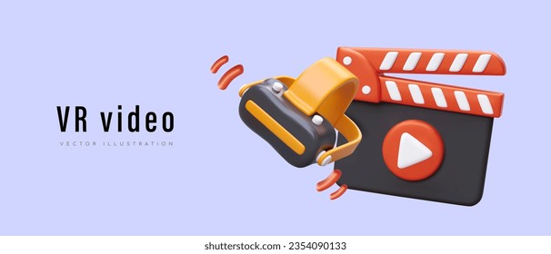 VR video. Virtual reality glasses, cinematic clapperboard. Metaverse, cyberspace. Vector poster with place for text. Commercial template for equipment rental. Advertisement of interactive room, club