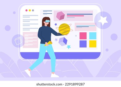 VR violet concept with people scene in the flat cartoon design. Girl plays computer games in virtual space. Vector illustration.