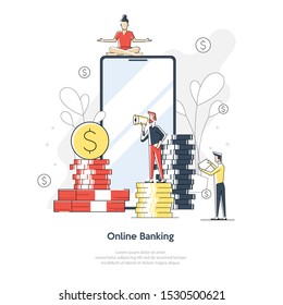 Vr, virtual augmented reality and futuristic banking concept with characters. Gadget of the future, smartphone tech for payment. Flat Isometric character vector illustration.