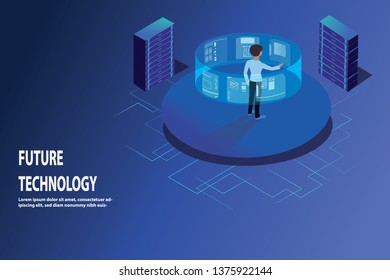 Vr, virtual augmented reality. Isometric maintenance engineer working with digital display in server room. Flat Isometric character vector illustration.