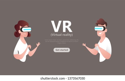VR Virtual reality concept. Cartoon character with glasses is a augmented reality isolated. Man and woman use technology to studing, 3D modeling, visualization. Business landing page template