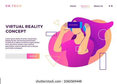 VR virtual reality concept girl augmented glasses landing page vector flat illustration background