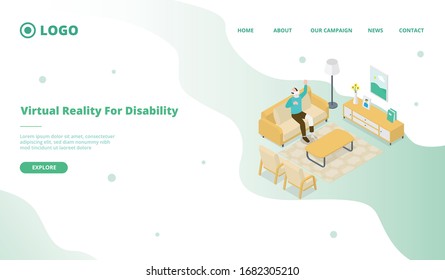 vr realidad virtual para personas con discapacidad para plantilla de sitio web o página de inicio de aterrizaje con estilo isométrico