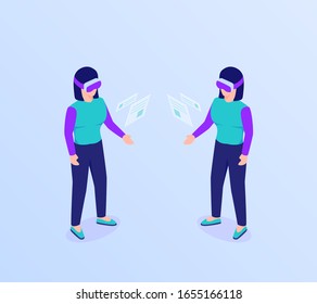 vr concepto de cristal de realidad virtual con uso femenino para acceder a información de datos con estilo plano isométrico