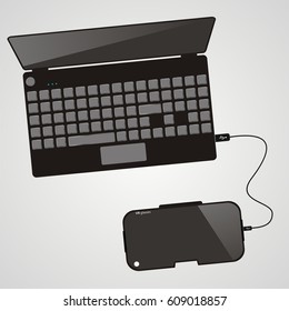VR virtual reality glasses connected on the computer, laptop. Top view