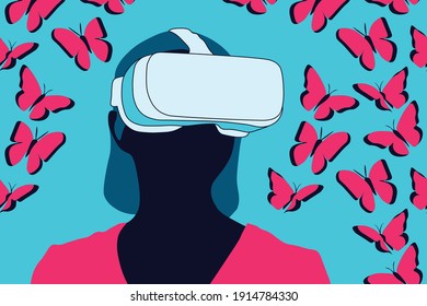 VR Virtual Reality glasses VECTOR illustration. Women wearing VR glasses. Fantasy world, butterflies, abstract flat VR concept illustration. EPS10.