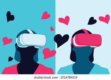 VR Virtual Reality glasses VECTOR illustration. Women wearing VR glasses. Fantasy world, floating hearts, abstract flat VR concept illustration. EPS10.