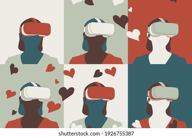 VR Virtual Reality glasses VECTOR pattern. Repetitive vector illustration of women wearing VR glasses. Fantasy world, floating hearts, abstract flat VR concept illustration. EPS10.