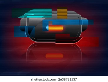 VR Virtual reality head gear with glitch effect on red background. technology background concept. Vector illustration.