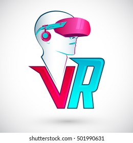 VR Virtual reality icon with man wearing headset  