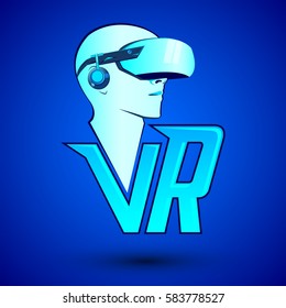 VR Virtual reality icon with man wearing headset