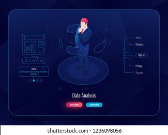 VR Virtual reality isometric, man stay on platform and choosing options, data analysis concept, futuristic technology, system administrator dark neon vector people
