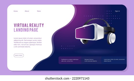 VR virtual reality landing page. Realistic 3d VR glasses vector  illustration web page