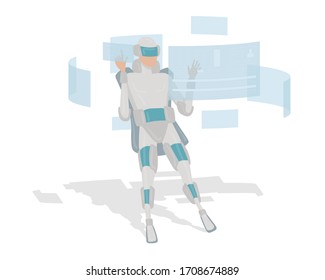 VR virtual reality. Workplace with a computer of the future. A man working in hologram. Vector illustration. Flat design, no transparency, easy to edit.