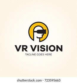 VR Vision logo design template. Vector virtual reality logotype illustration with electronic 3d glasses headset. Graphic cyber space technology and games device icon symbol. Head mounted display emblem
