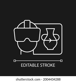 VR white linear icon for dark theme. Virtual reality for interactive classes. Innovative production. Thin line customizable illustration. Isolated vector contour symbol for night mode. Editable stroke