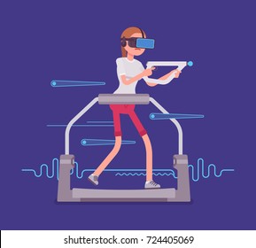 VR woman with aim controller on treadmill. Having great gaming experience, fighting and walking around in video. Virtual reality and entertainment concept. Vector flat style cartoon illustration
