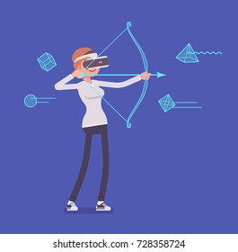 VR woman in archery game. Target shooting simulation, using a bow and arrow to shoot and hit accuracy. Virtual reality and entertainment. Vector flat style cartoon illustration