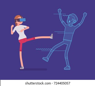 VR woman fighting. Real kicking, engage in a martial arts fight, sport experience, cyber interaction with champion. Virtual reality and entertainment concept. Vector flat style cartoon illustration