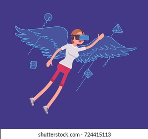 VR woman flying. High interactive sky bird viewing, escaping from the real world, fantasy wing flight. Virtual reality and entertainment concept. Vector flat style cartoon illustration