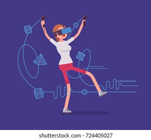 VR woman having drawing positive experience. Testing exciting new technology transforming lines into objects. Virtual reality and entertainment concept. Vector flat style cartoon illustration