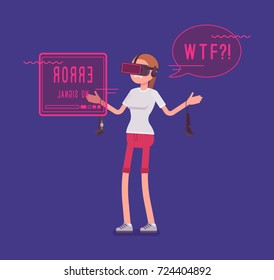 VR woman having negative experience, problems. Error mark, headset device disorder, incorrect view, user frustrated with mistake. Virtual reality, entertainment. Vector flat style cartoon illustration