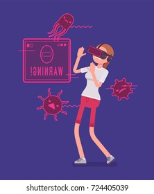 VR woman having negative experience. Been hit by a virus, infecting problem, user grief with system damage. Virtual reality and entertainment concept. Vector flat style cartoon illustration
