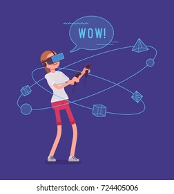 VR woman having positive experience and exciting sense of realism, first wow effect with manipulating virtual objects. Virtual reality and entertainment concept. Vector flat style cartoon illustration